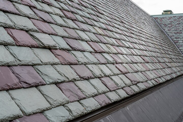 Slate roofing tiles on a historic building.  Attractive, durable roofing material. 