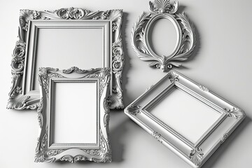 Victorian wooden silver frames for museum display on white background. Generative AI