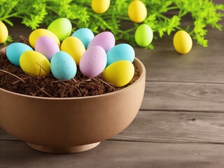 Colorful Easter Eggs in a Ceramic Flowerpot with Plants in a Rustic Spring Scene Created with Generative AI and Other Techniques