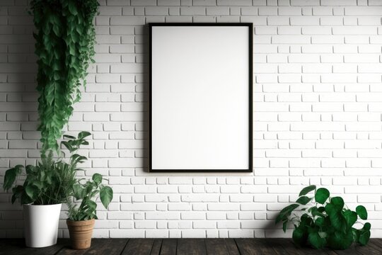 of double large 24x36 inch canvas paper for poster or artwork mockup on white brick wall in dark wooden frame in cozy modern contemporary natural interior. Generative AI