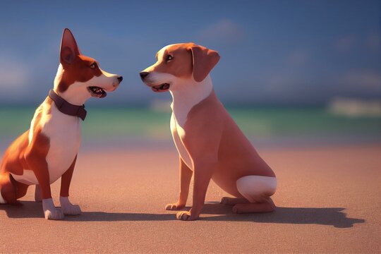 Two Dogs Looking At Each Other On The Beach Watching The Waves. Generative AI