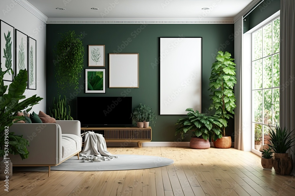 Wall mural potted plants decorate the empty living room with green walls and a hardwood floor. generative ai