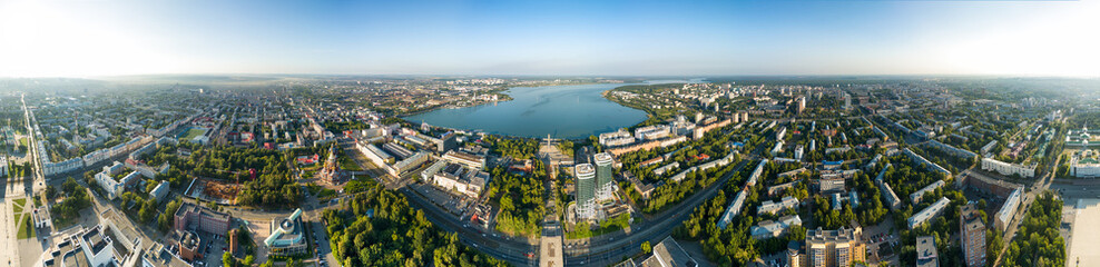 Russia, Izhevsk. Central Square. Izhevsk pond. Panorama 360. Aerial view