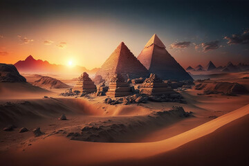 Desert with Egyptian Pyramids and Sunset (Generative AI)