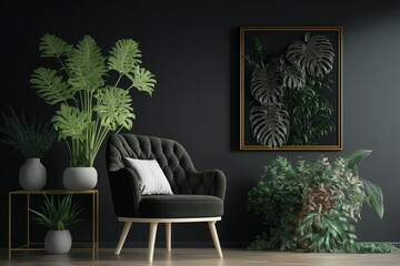 Interior of a living room with a chair and plants against a mock-up of a black wall. Generative AI
