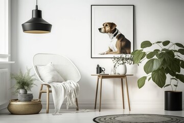 A Scandinavian and modern living room with a wooden stool, a trendy table lamp, a rattan basket with plants, and attractive accessories. Elegant decor. Poster templates. Generative AI