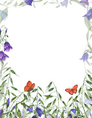 Watercolor flower card with wild oats, campanula, butterflies. Template for postcard, Save the date, Valentine's day, birthday and mothers day cards, wedding invitation