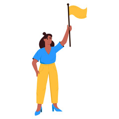 Success businesswoman holding waving flag and check mark. Leadership, winner, challenge goal achievement, successful manager concept.