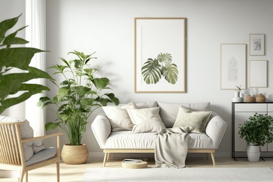 Scandinavian white décor with a design sofa, coffee table, pillow, blanket, giant tropical plant, and mock-up picture frame is trendy and inviting. Triangle light, white walls. Generative AI