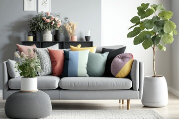 Scandinavian living room with gray sofa, wooden cube, cotton lamp, flowers in vase, colorful pillows, and elegant accessories. Abstract home decor. Generative AI