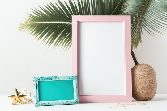 Pink frame mockup with beach, coconut tree, and house decor on white background. Generative AI