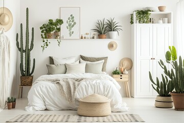 Plants in natural white bedroom with bed between wooden stool and cupboard. Generative AI