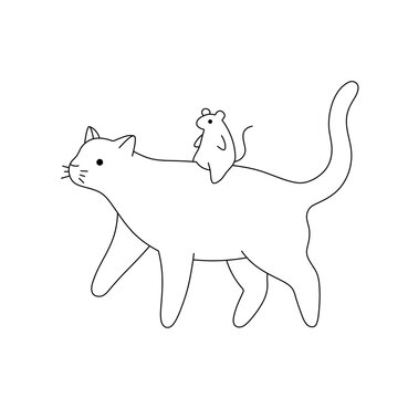 Vector isolated cute cartoon funny mouse rides a cat  colorless black and white contour line easy drawing