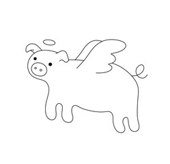 Vector isolated cute cartoon funny flying pig angel with wings and halo side view colorless black and white contour line easy drawing