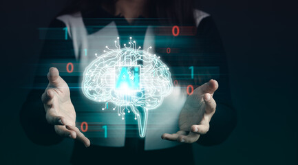 Hand holding brain of AI, Symbolic, Machine learning, artificial intelligence of futuristic technology, machine and deep learning and another modern computer technologies concepts.