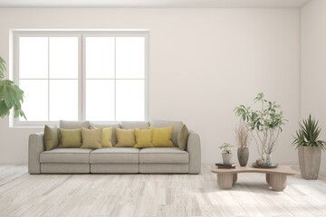 White living room with sofa. Scandinavian interior design. 3D illustration