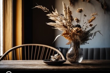 focus on the vase of dry flowers in front of the old sofa. Elegant eating, living, and café spaces Minimal, hipster, vintage, or boho decor. Generative AI