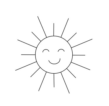 Vector isolated one single cute cartoon smiling sun with rays colorless black and white contour line easy drawing