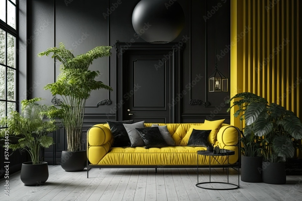 Wall mural a minimalist industrial living room in black with a yellow sofa,. Generative AI