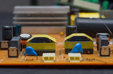 Close-up details, boards, electronic components, monitor, computer, devices