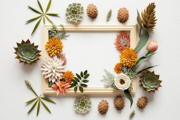 various flowers in a wooden frame against a white background. Generative AI