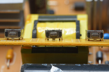 Close-up details, boards, electronic components, monitor, computer, devices