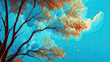 Beautiful Designer Seasonal Background with Sky blue Color Hue Autumn Modern Wallpaper Template with Vibrant Hues and Stunning Scenery for Presentation, Ad, and All Applications (generative AI)