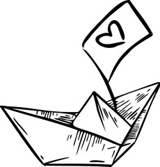 Paper boat with a flag on which a heart sketch hand draw