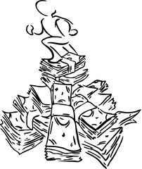 A bunch of wads of money on which a person stands sketch hand draw