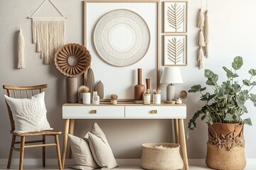 Boho living room with faux photo frames, flowers in vase, wooden desk, beige macrame, and lovely accessories. Decoration. Boho. Useable mockup. Generative AI