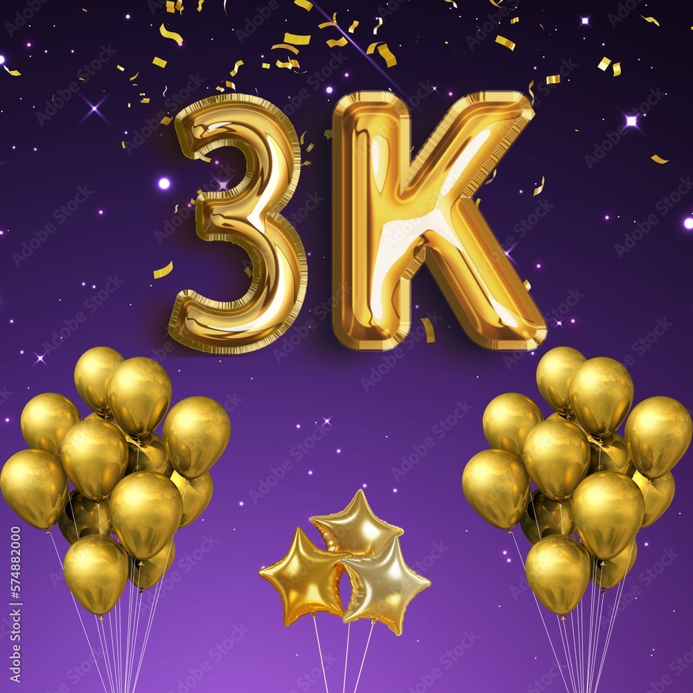 Wall mural Golden 3K sign on violet background with sparkling confetti, balloon 3K, Competition or gaming concept, Gold realistic letters, Winner congratulation banner, ribbons and stars, followers,thanks banne. - Wall murals