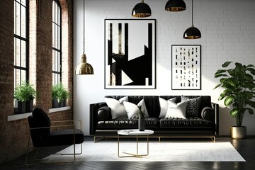 Modern loft with white brick walls, black furniture, and marble floors. Generative AI