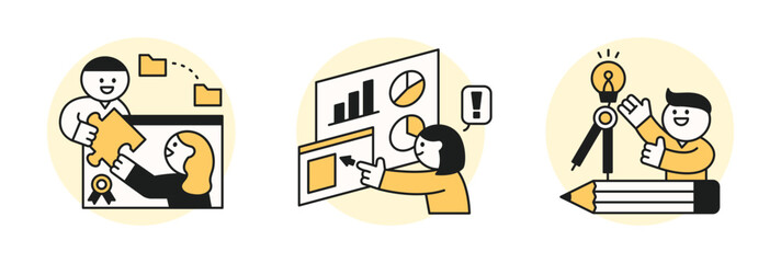 Education concept illustration. Students are getting information online, analyzing with graphs and thinking creatively.