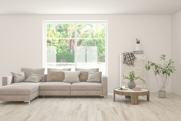 White living room with sofa and summer landscape in window. Scandinavian interior design. 3D illustration