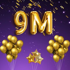 Golden 9M sign on violet background with sparkling confetti, balloon 9M, Competition or gaming concept, Gold realistic letters, Winner congratulation banner, ribbons and stars, followers,thanks bann.j