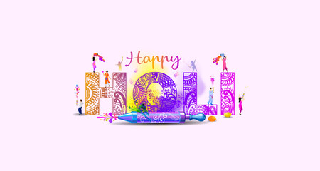 Fototapeta na wymiar Indian Holi festival traditional Greeting card background. Happy Holi text with Color splash fun and floral design. Banner poster Template design.