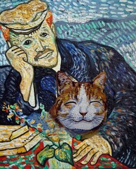 art Oil color Painting Face Cute Man , van Gogh , Portrait of Dr. Gachet , holding a cat