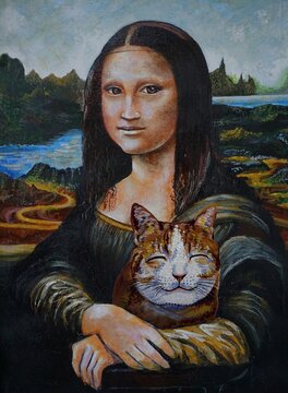 hand drawn original impressionism masterpieces oil color painter painting face cute female , woman , mona lisa by leonardo da vinci holding a cat
