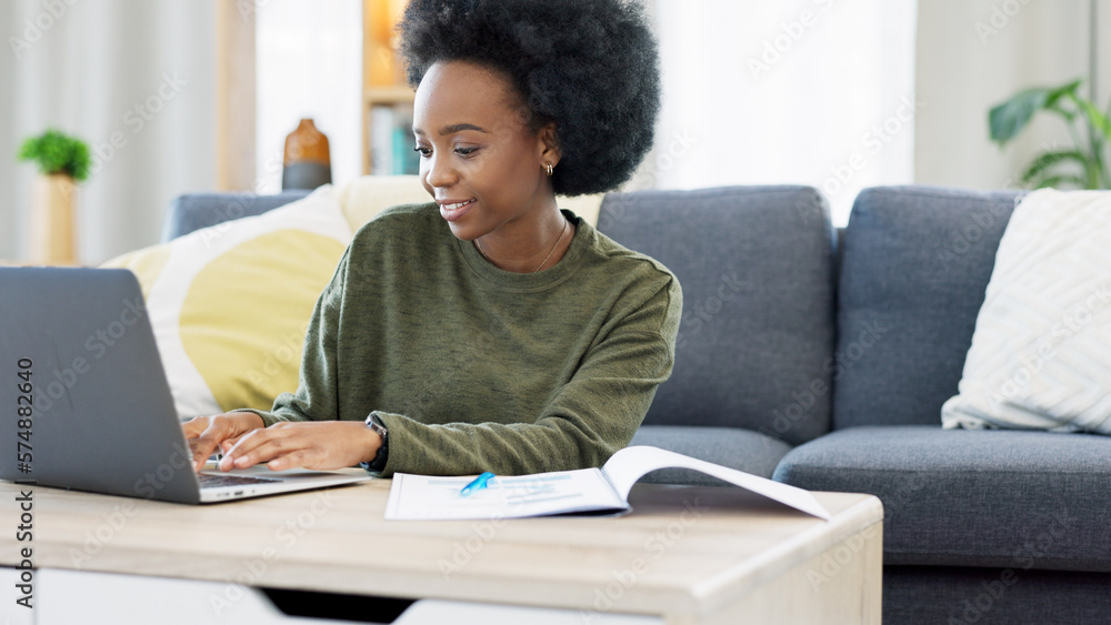 Aufkleber female student studying using laptop and making notes to prepare for exams or research for college a