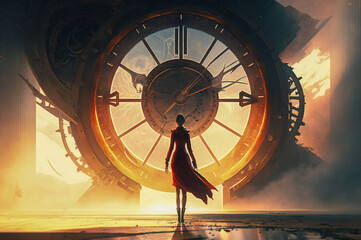 Young woman standing in front of a giant clock. Time machine, time travel or time related concept. Created with Generative AI technology.