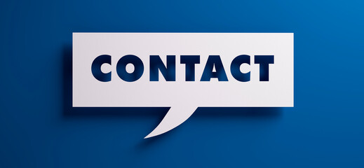 Speech bubble with the word contact in front of a blue colored wall - 3D illustration