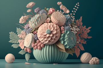 3D flower bouquet with a pastel color scheme, using creative design elements such as the arrangement and combination of flowers to create a sense of harmony and beauty. Generative AI