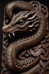 Wood carved dragon. Created with Generative AI technology.