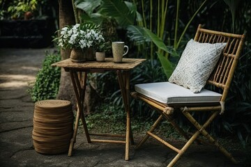 The yard has a bamboo chair, table, and comfortable seat. Generative AI