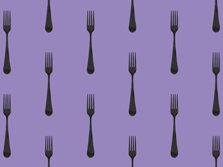pattern. Fork top view on pastel violet background. Template for applying to surface. Horizontal image. Flat lay. 3D image. 3D rendering.