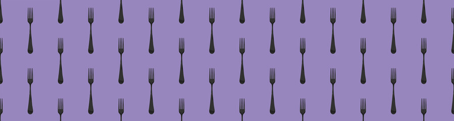 pattern. Fork top view on pastel violet background. Template for applying to surface. Horizontal image. Flat lay. Banner for insertion into site. 3D image. 3D rendering.