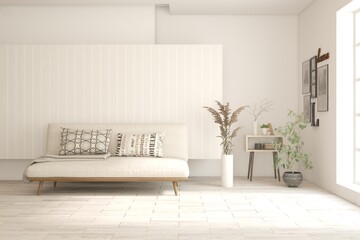 White living room with sofa. Scandinavian interior design. 3D illustration