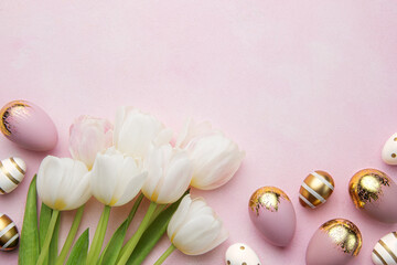 Plakat Easter golden eggs and pink tulips on pink background.