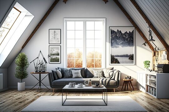 Light attic with vertical poster and books on sideboard, gray sofa with pillows, coffee table with drinks, glass partition, carpet on wooden floor, two roof windows. Generative AI