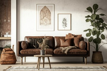 mock-up of a Scandinavian home wall with vintage brown leather furniture. Generative AI